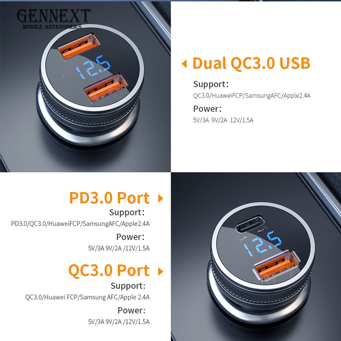 GENNEXT Car Charger Fast 2 Port PD USB QC 3.0 TYPE C Output Saver Mobil CASAN CHARGING