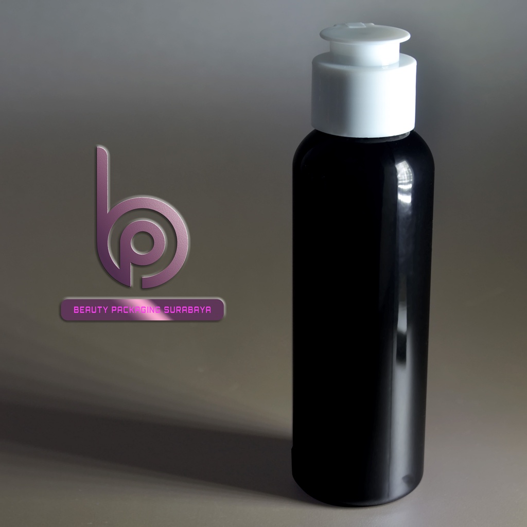 Botol Plastik PET 100ml BR Hitam Tutup Fliptop Jamur