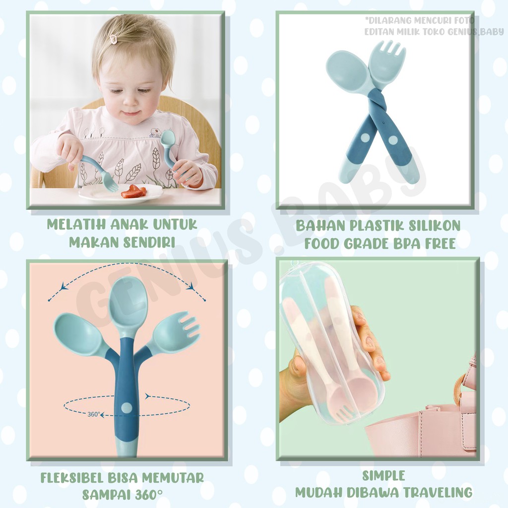 Set Sendok + Garpu Lengkung 360 Derajat Sendok Bayi Bahan Silikon Safety Bisa Ditekuk Sendok Makan