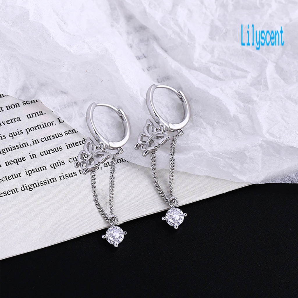 Ls 1Pc Anting Tusuk Gantung Wanita Desain Kupu-Kupu Hias Cubic Zirconia + Rumbai Gaya Korea Untuk Pesta / Nikah