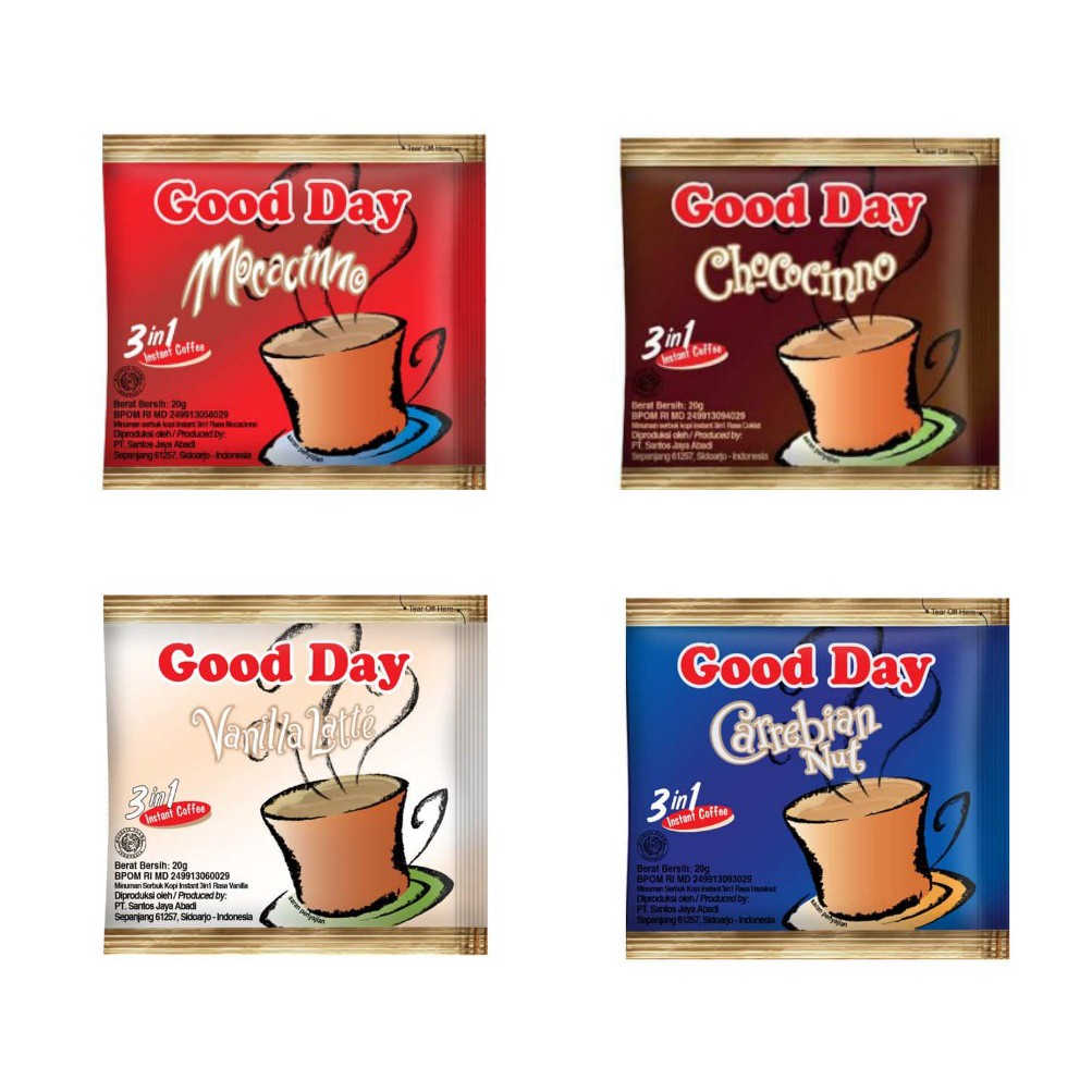 

Kopi Good Day 3 in 1 (sachet) - Mocacinno - Carrebian Nut - Vanilla Latte - Chococinno