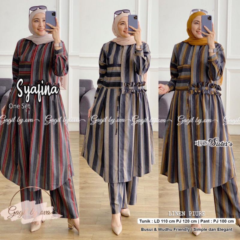 SETELAN TUNIK + CELANA LINEN MOTIF GARIS / SALUR SYAFINA BY HIJAB SISTER
