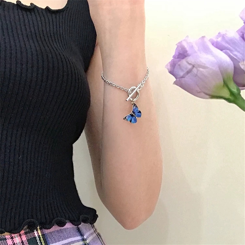 Butterfly OT Buckle Titanium Steel Chain Bracelet / Vintage Titanium Steel Purple Blue Butterfly Pendant / Kpop Cute Blue Butterfly Bracelets