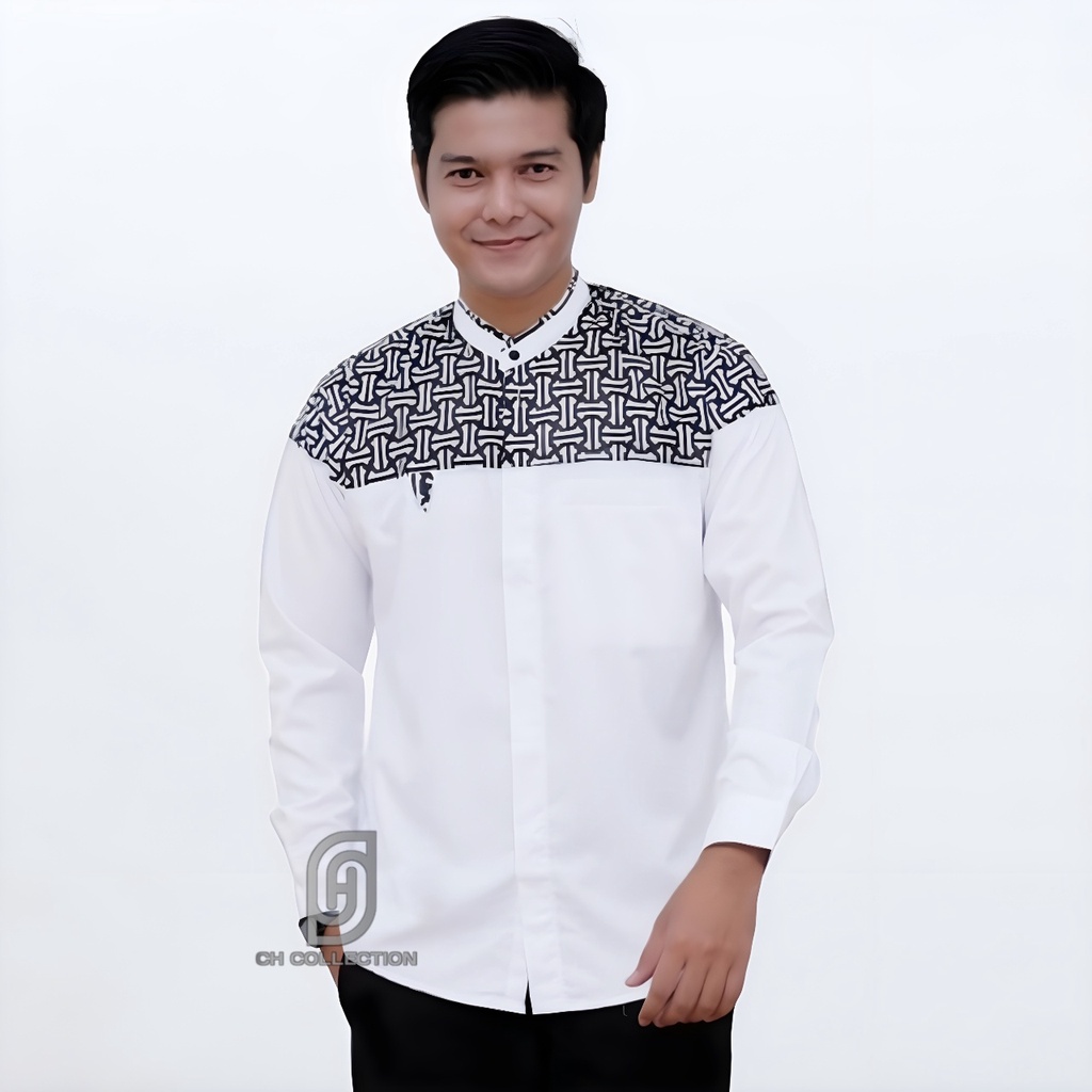 Baju Koko Pria Dewasa Lengan Panjang Motif Falcon Kombinasi Batik Terbaru Warna Putih