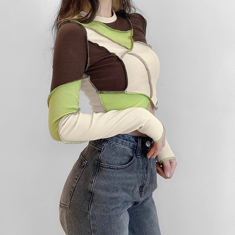 #Sisjuly#Prancis retro gaya pengemis sub-jahitan atasan crop top wanita lengan panjang tidak teratur