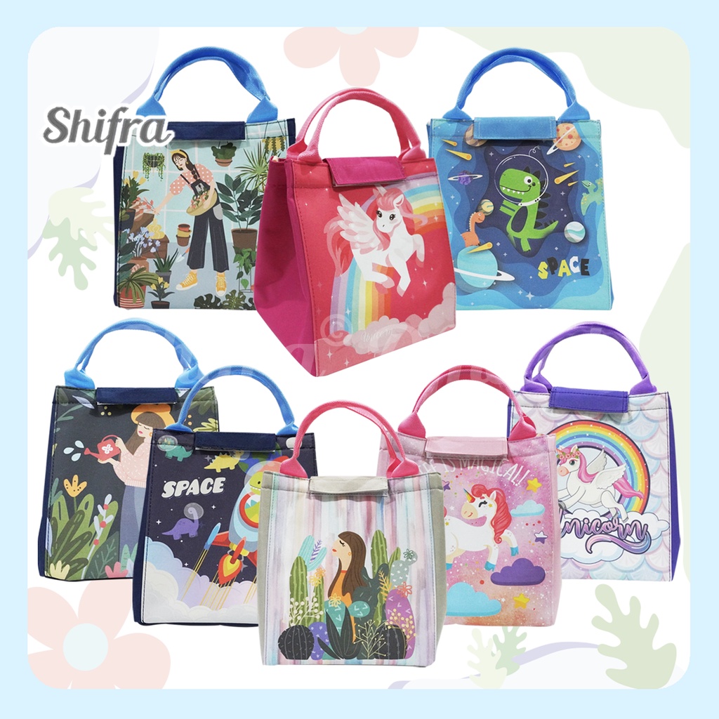 Shifra Tas Aluminium Foil Lunch Bag Tahan Panas Dingin Unicorn Dino Woman Space Colorful