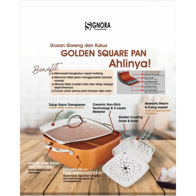 Signora Golden Square Pan/Alat masak serbaguna/Panci kukusan/Deep frying