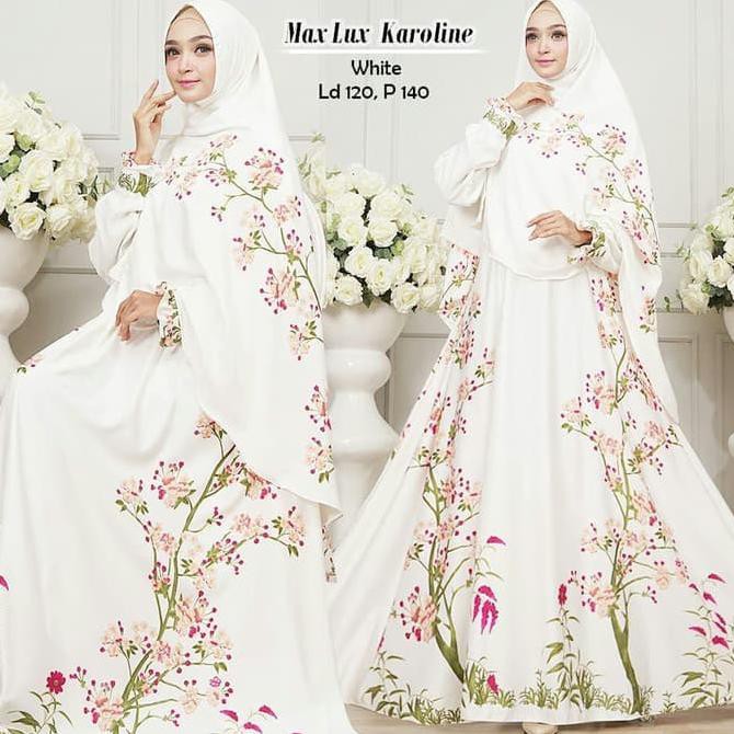 BAJU GAMIS SYARI SYARII JUMBO MUSLIM KAROLINE PUTIH MEWAH BONUS KHIMAR