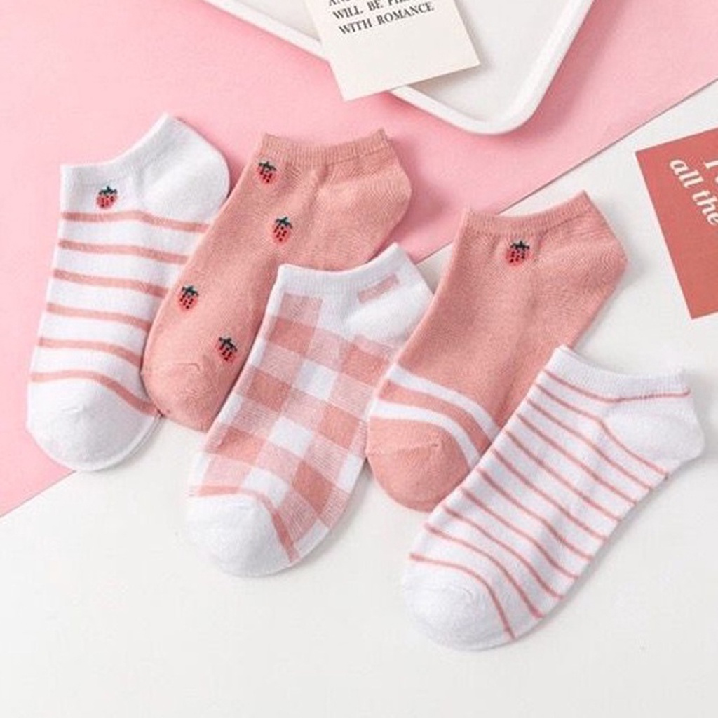 ❤GTB❤ Kaos Kaki Wanita Motif Kotak Pink Strawberry Fashion Korea Women Sock Import R601