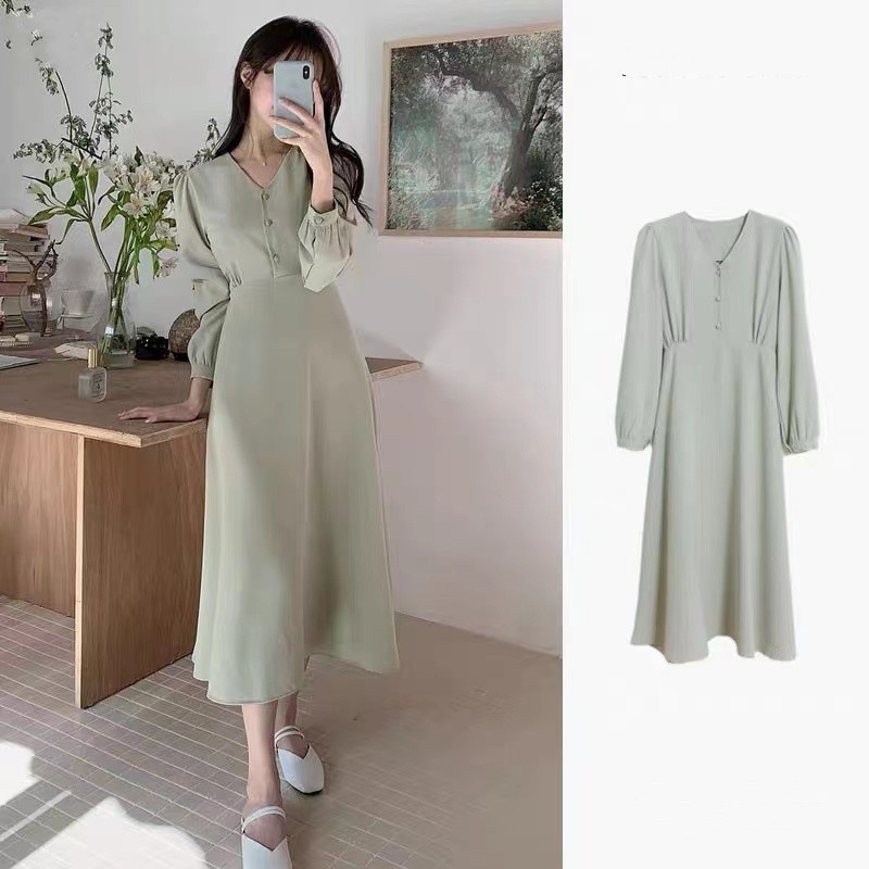 2022 Busui friendly French Sweetness Gentle Wind Slim V-neck Dress untuk wanita