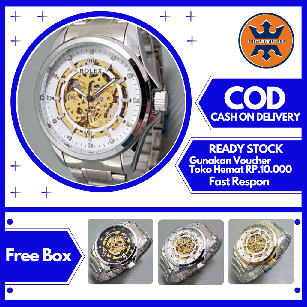 Jam Tangan Rolex Pria Cowok Automatic Otomatis Transparan Tanpa Batre Strap Rantai Keren Jakarta S36