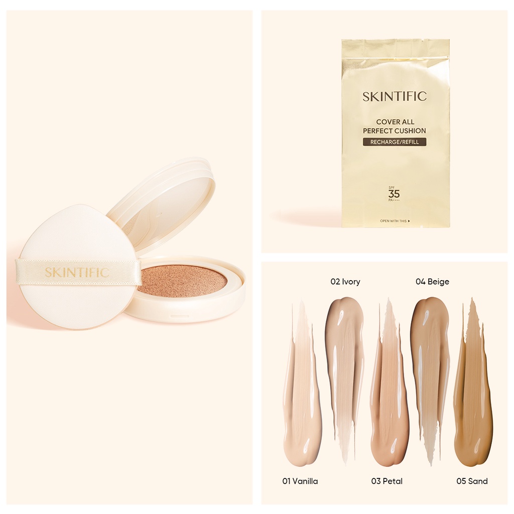 SKINTIFIC Refill Cover All Perfect Air Cushion High Coverage Poreless &amp; Flawless Foundation 24H Long-lasting SPF35 PA++++ Menguatkan Skin Barrier