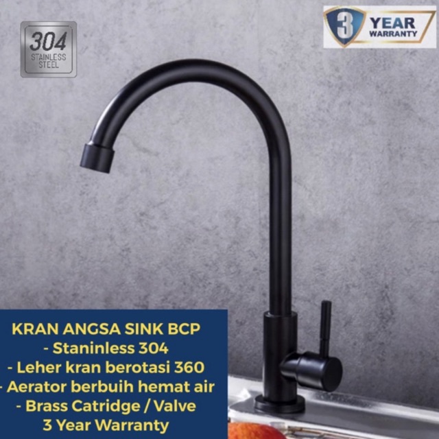 Kran Air Angsa Dapur Tanam Sink - Keran Wastafel Bcp SUS304 Hitam Black 03HD