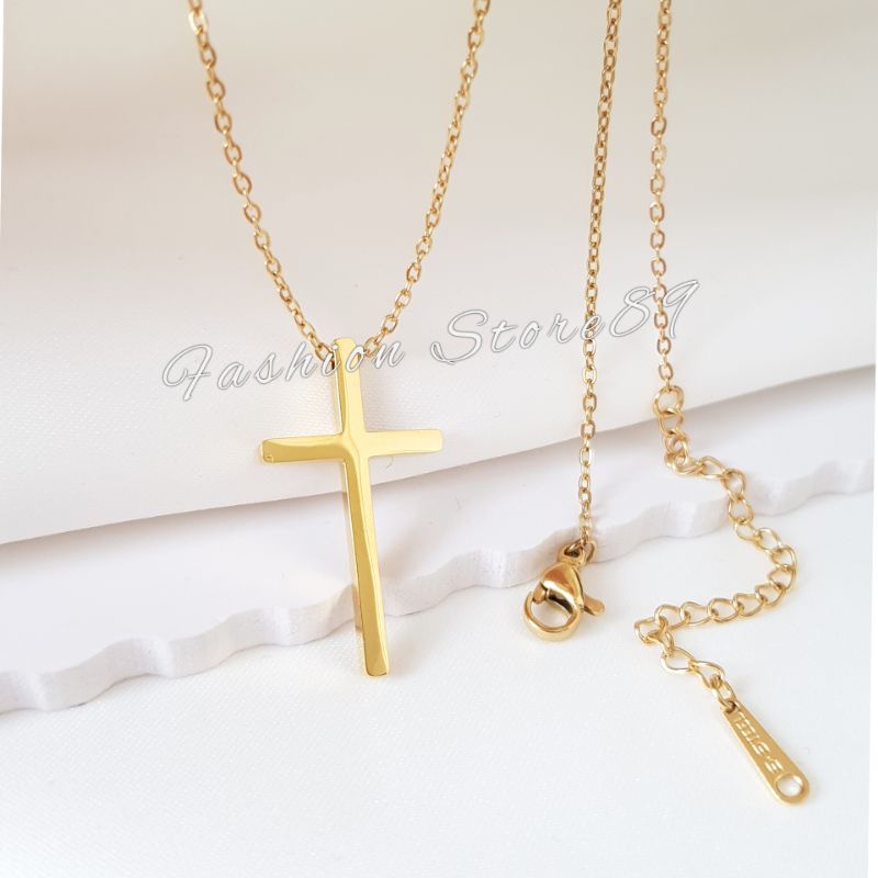 Ready Kalung Salib Titanium Gold impor Antikarat Premium kalung salib Pria Wanita Fashion Rohani Impor