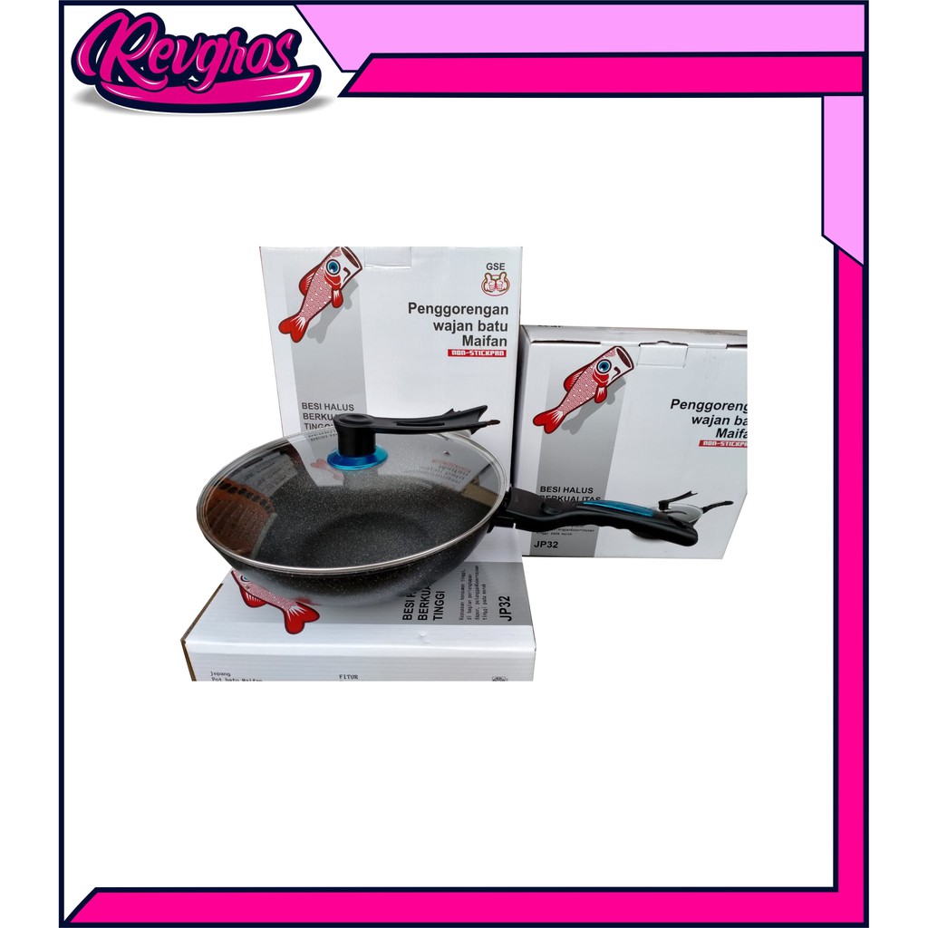 WAJAN WOK BATU PENGGORENGAN 32 CM/ WAJAN TUTUP KACA / WOK PENGGORENGAN BATU MAIFAN GSE VM