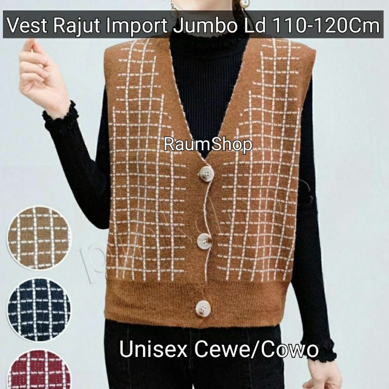 VEST RAJUT JUMBO UNISEX CEWEK COWO Terbaru KOREA Kancing Depan Import Ld 110-120Cm Motif Kotak Real 