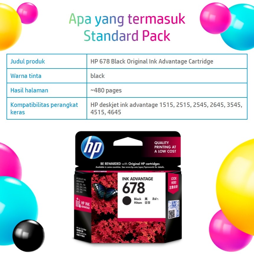 HP ink Catridge 678 Black Colours | Hitam Warna Advantage Tinta Printer Deskjet 1010 1500 2500 2600 3500 4500 4600 Series Original -Geniune Product