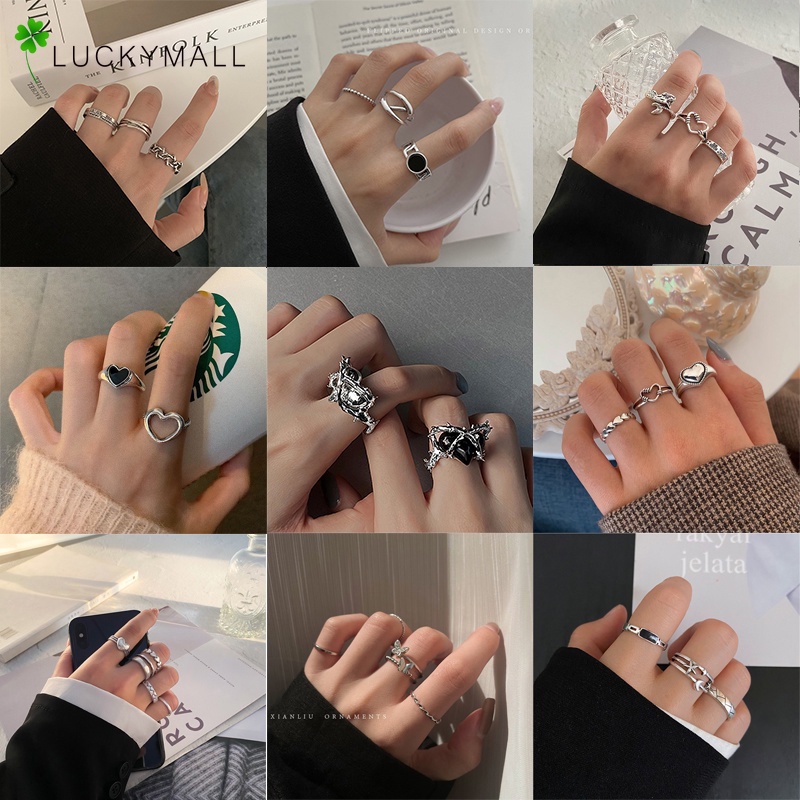 Korea Silver Ring Set Metal Hollow Love Heart Checkerboard Ring for Women Fashion Jewelry Accessories Gift