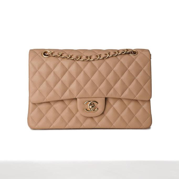 Tas Wanita Chanel Classic Handbag Caviar Beige Grade Authentic 1-1 Ori - Merah Muda, 25 Cm