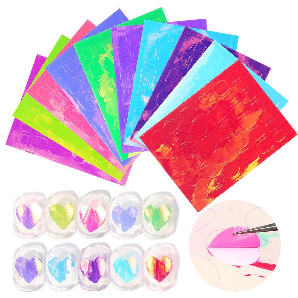 AUGUSTINA Agustina Aurora Nail Foils Heart Colorful Self-Adhesive Nail Art Dekorasi Bulat Sparkling Cellophane Paper