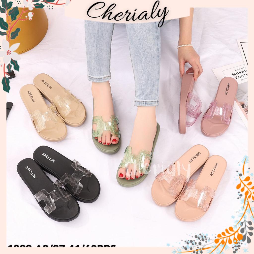 Sandal Slop Jelly Wedges Hak Import Karet Rubber PVC Empuk Elastis Motif HERME5 Bening BRESLIN 1899