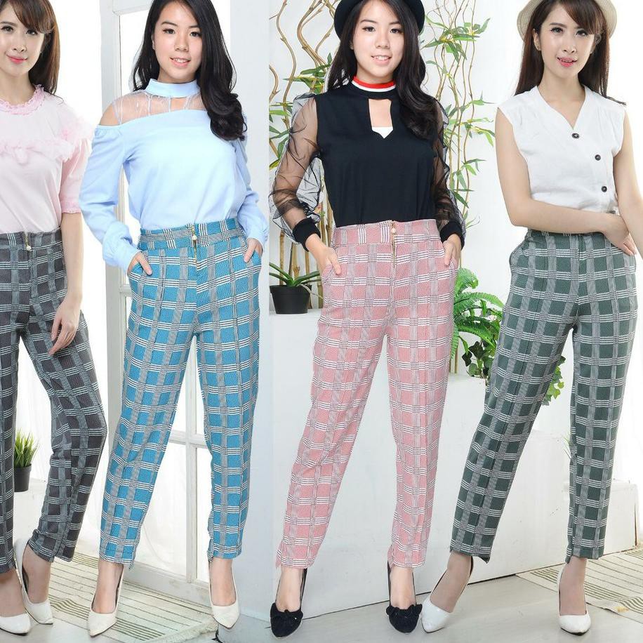 ❅ AHA-1102A CELANA MOTIF KOTAK WARNA BAHAN CREPE SPANDEK IMP SIZE PINGGANG KARET / Shalch Trendy ➧