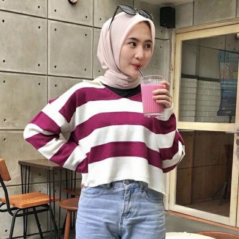 collar Crop salur  Knits Kerah / atasan wanita Blouse Rajut / Baju Rajut wanita