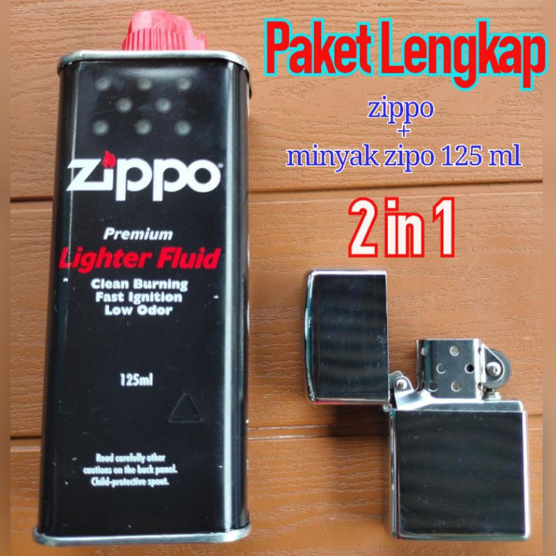 2 in 1 zippo polos silver crome + minyak  zipo 125 ml mancis korek zippo