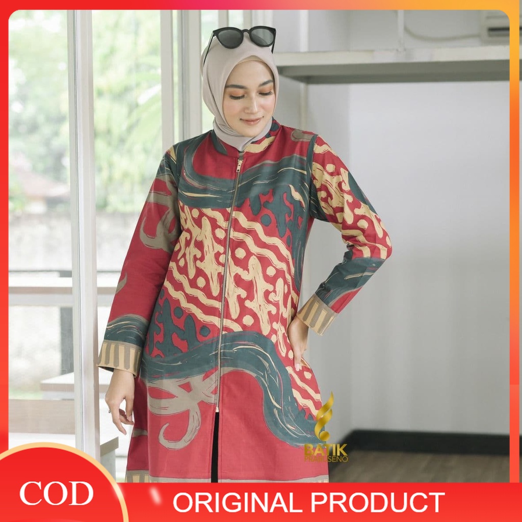 Batik Prabuseno Original Motif  NESA MERAH Tunik Batik Wanita Lengan Panjang Terbaru 2022 Model Atasan Kekinian Elegan Modern Katun Premium Lapis Furing Trikot Bisa COD Baju Seragam Kerja Kantor Guru