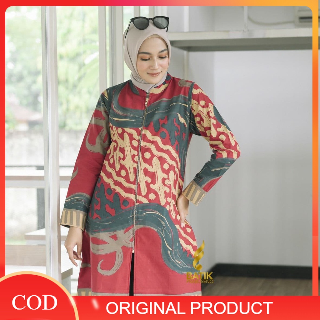 Batik Prabuseno Original Motif  NESA MERAH Tunik Batik Wanita Lengan Panjang Terbaru 2022 Model Atas
