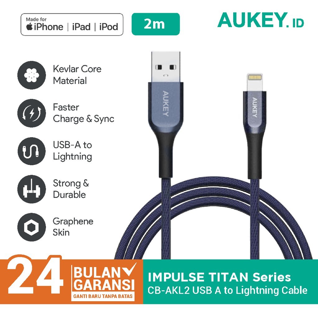 Aukey CB-AKL2 Kabel Charger Iphone MFI USB A To Lightning 2M Original Garansi Resmi Aukey