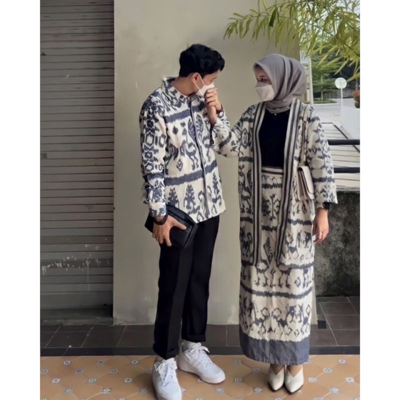 Jual Set Couple Tenun Madam White Blue Tenun Ethnic Baju Kondangan Baju Prewedding Ready