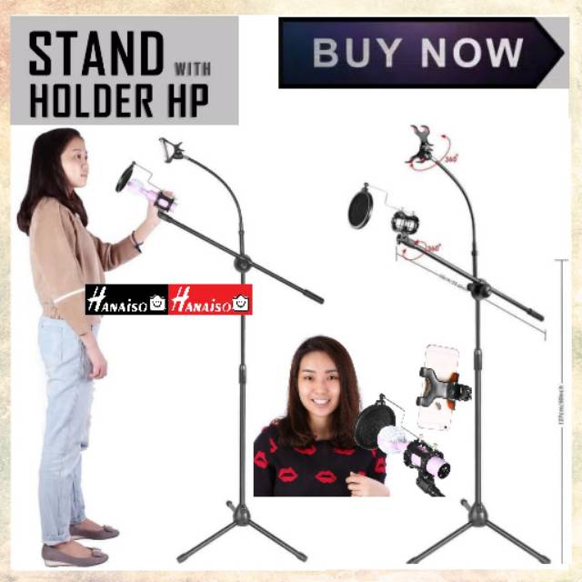 Termurah Medan Standing Mic Karaoke Mikrofon Stand Kaki + Smartphone Holder Rekaman bm800 BM8000 BM 800 Smule