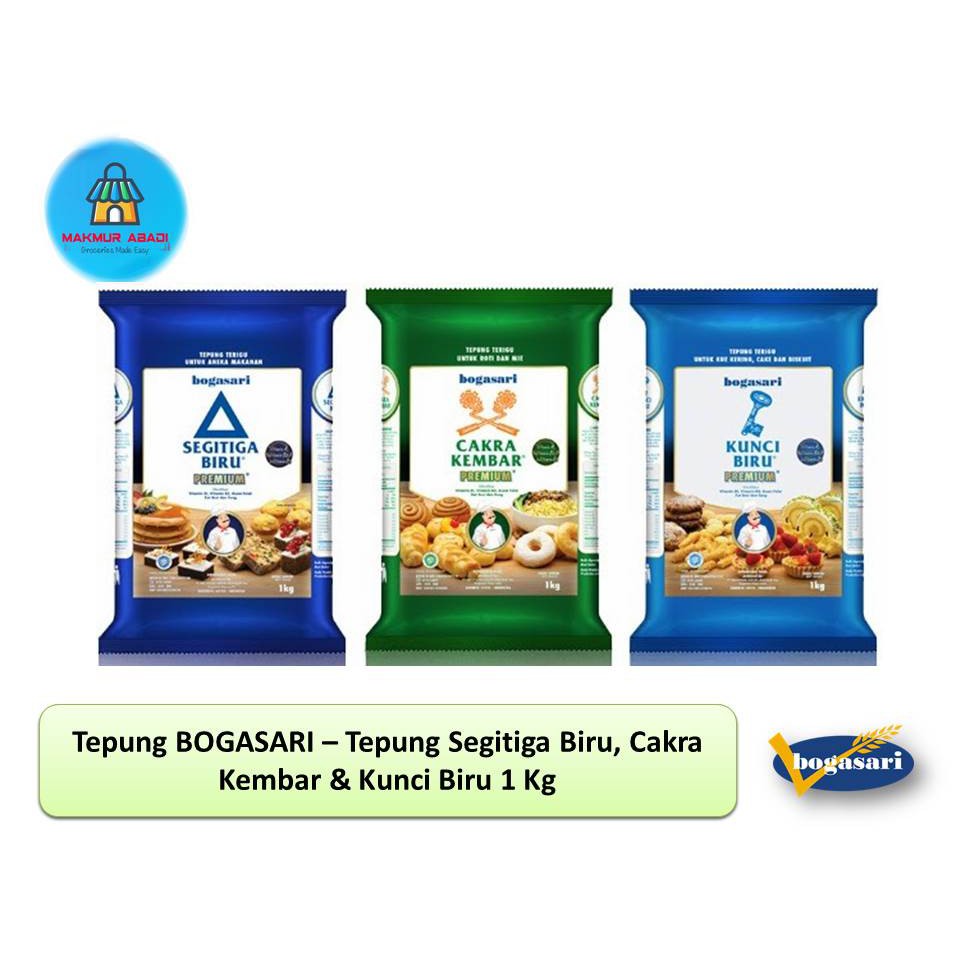 

Tepung Bogasari Premium Kunci Biru / Segitiga Biru / Cakra 1 Kg || Makmur Abadi Official Store