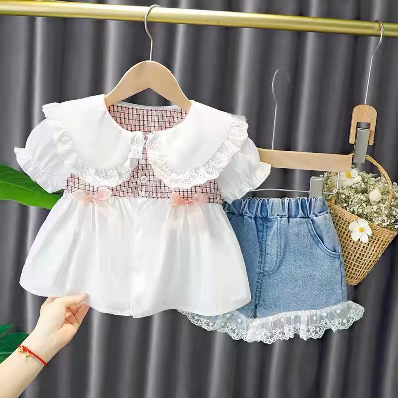 Setelan Baju Anak Perempuan import Lengan Pendek Usia 1-4 Tahun / Setelan Baju KAtun Anak Perempuan Import / Setelan Baju Jeans Anak Murah