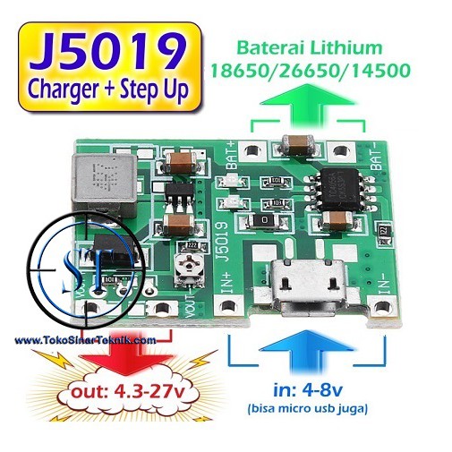 J5019 Modul 2in1 Charger + Step Up Adjustable Boost 2A Charger Baterai Lion TP4056 MT3608 BB-64D