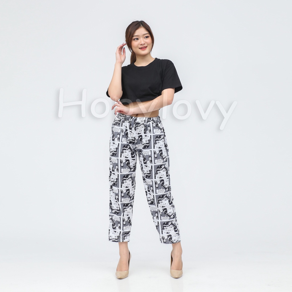 HOPYLOVY - Celana Panjang Wanita Motif Print Komik bahan Babyterry