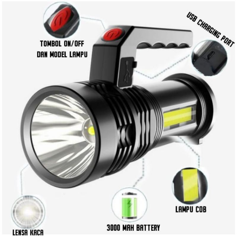 SENTER LED SUPER TERANG RECHARGEABLE / COB Senter LED Jarak Jauh / Senter Cas LED TERANG