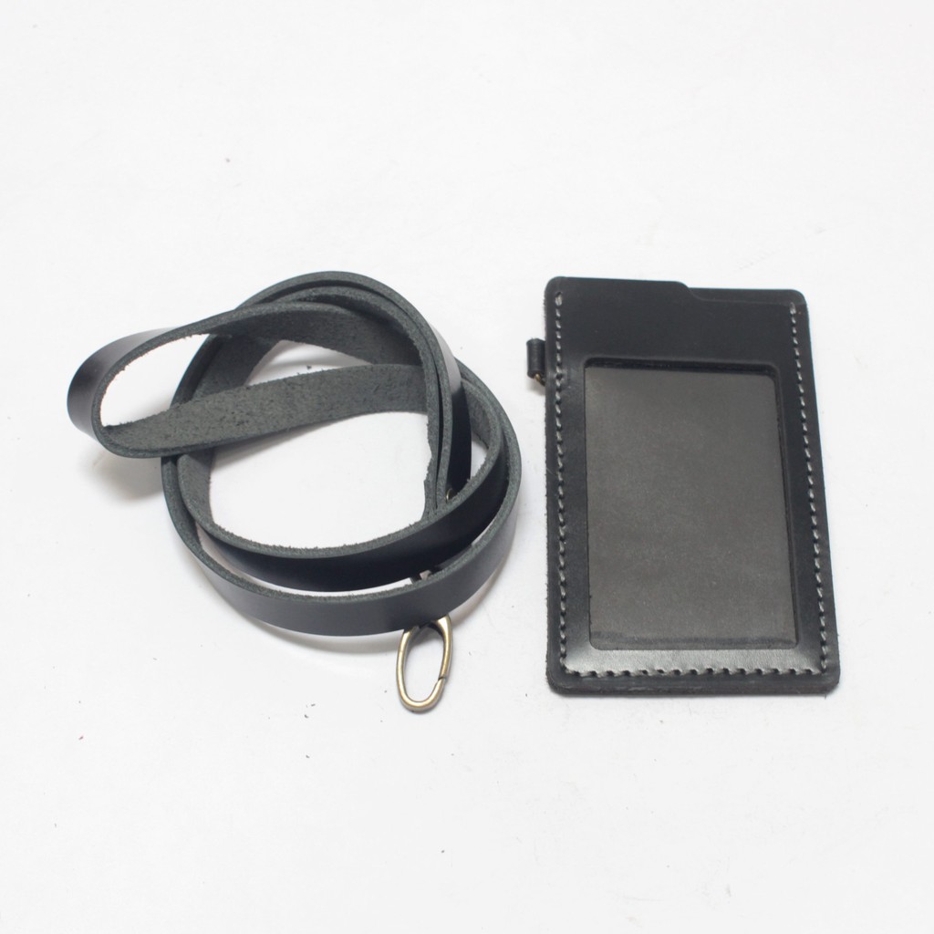 gantungan dompet ID card kulit hitam - tali id card holder - PHID822