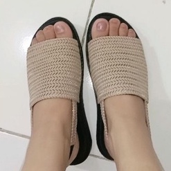 Sandal Slob Rajut Nevada|Sandal Sepatu Tali Wanita Rajut Import|Sandal Tali Wanita Kekinian Flat-crem