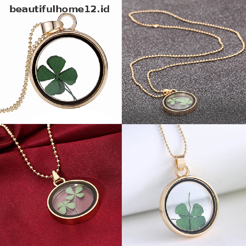 【beautifulhome12.id】 Natural Real Dried Clover Flower Clear Resin Locket Pendant Necklace Four-Leaf .