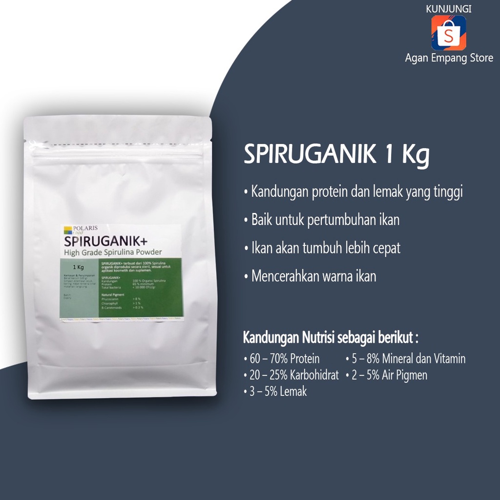 MAKANAN IKAN HIAS SPIRUGANIK BUBUK 1 KG / SPIRULINA BUBUK / SPIRULINA POWDER / PAKAN BURAYAK IKAN HI