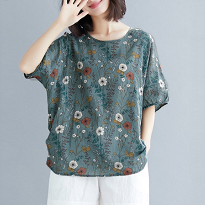 ZANZEA Women Short Sleeve Printed Vintage Casual Loose Blouse