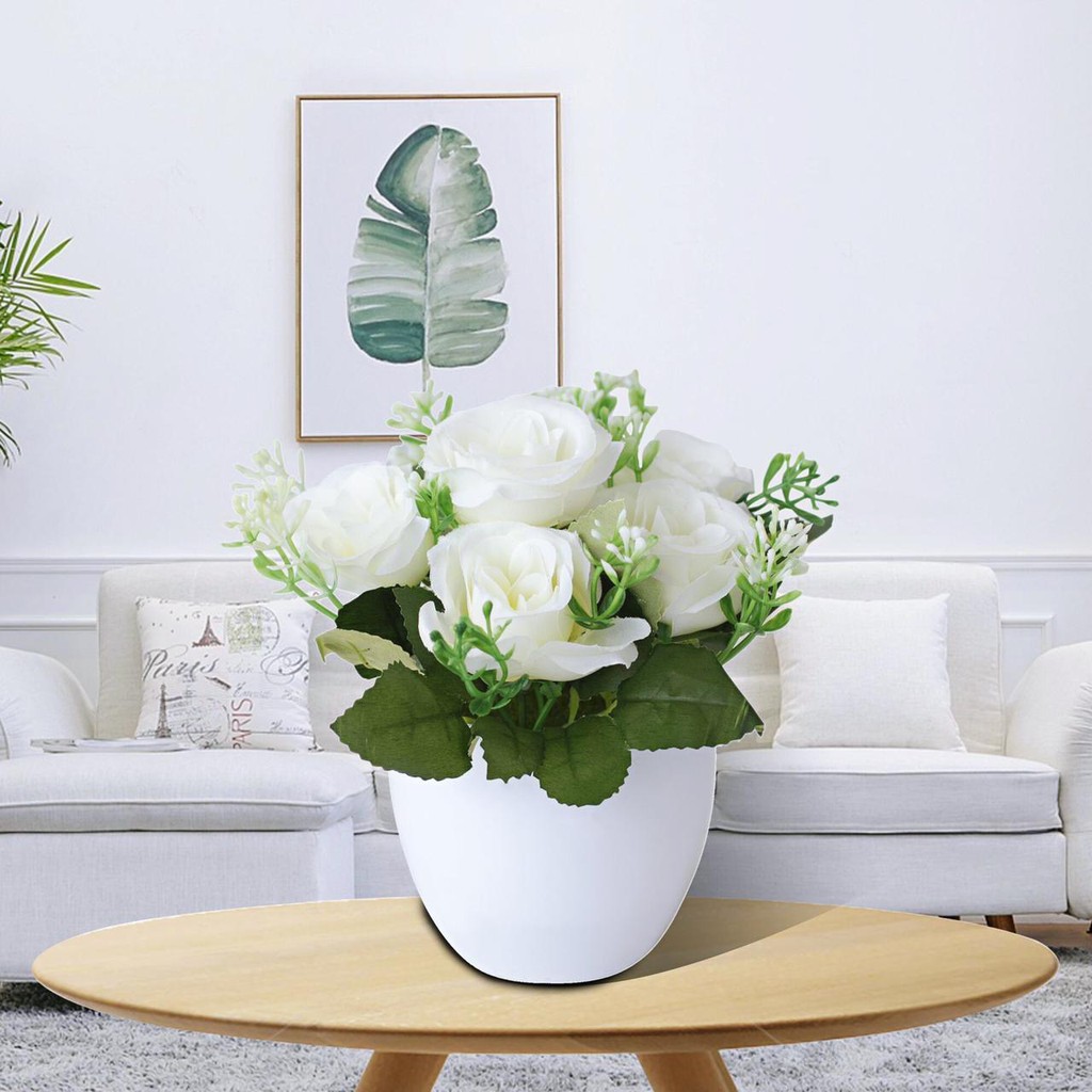 AM812 Bunga Plastik / Pajangan Bunga Artificial / Vas Bulat-Putih