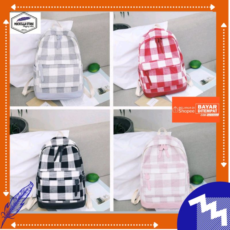 Mochillastore - Tas Ransel Anak Sekolah Sd- Smp Tas Motif Garis Kotak Tas Kanvas  Tas anak Perempuan Laki-laki Termurah