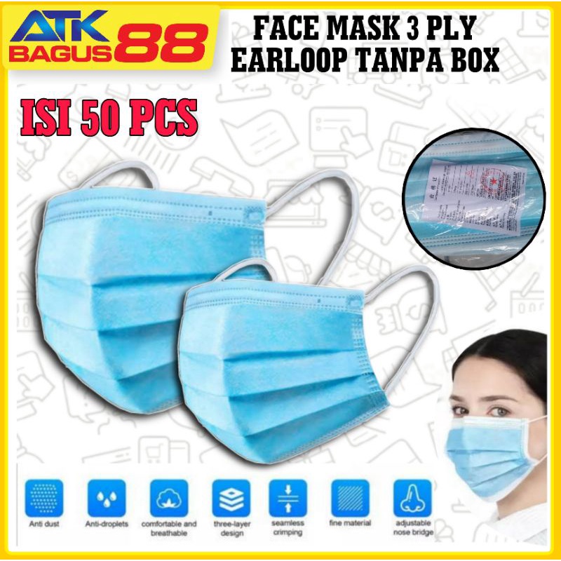 MASKER 3 PLY EARLOOP TANPA BOX termurah 1 pack isi 50