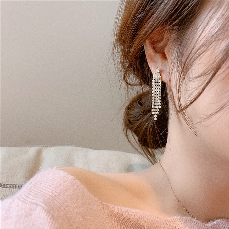 Korea sterling silver jarum berlian mengkilap rumbai anting-anting internet influencer Peri acara an