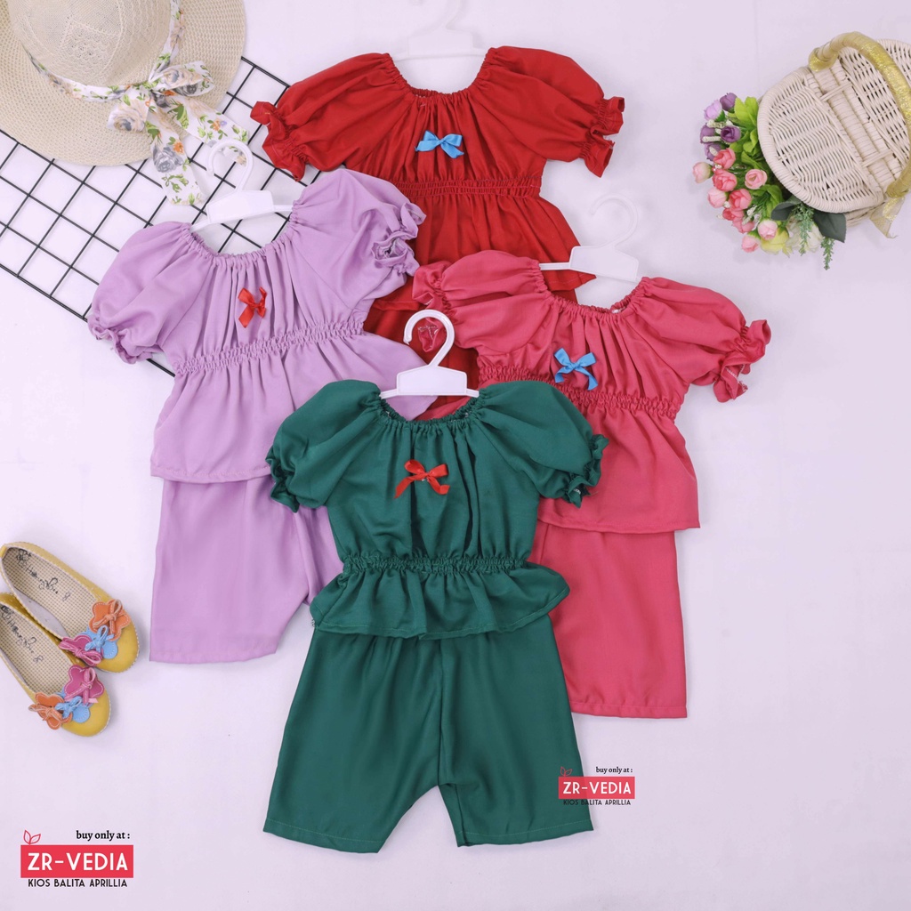 Neisya Set uk Bayi - 2 Tahun / Setelan Lengan Pendek Balon Celana Anak Perempuan Polos Atasan Import ZR Vedia