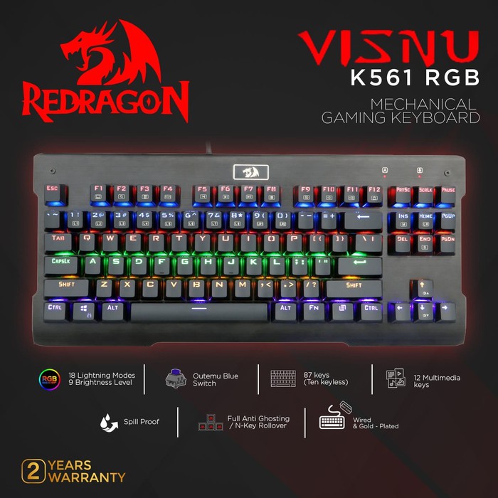 Keyboard Gaming Mechanical Redragon TKL Waterproof RGB Visnu K561RGB