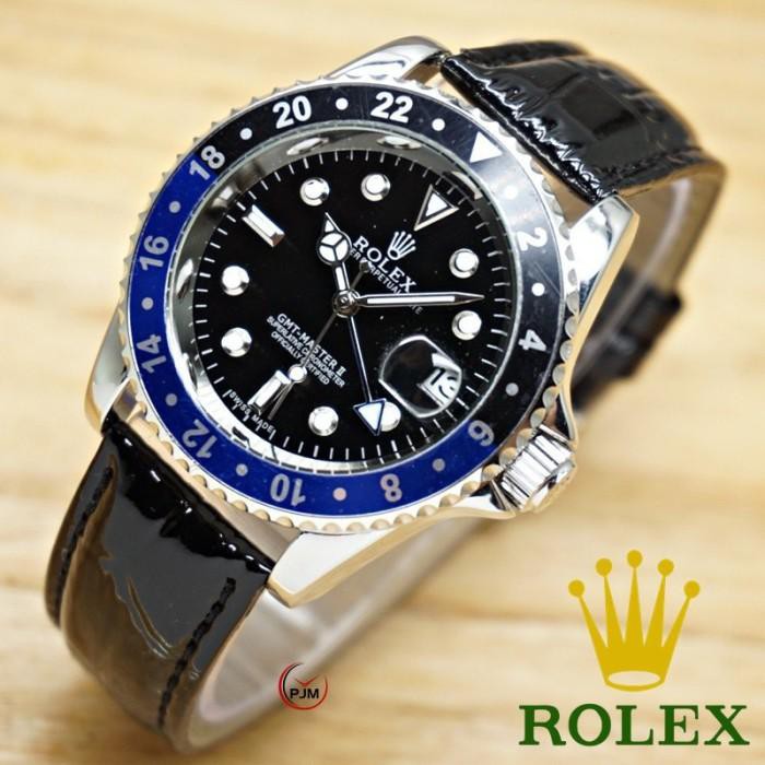 Promo Jam Tangan Pria Rolex GMT Automatic Kulit Lis Hitam Biru Diskon